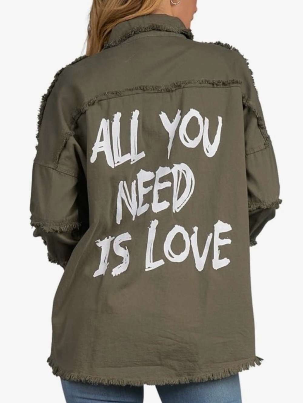 NWT All You Need Is Love Fringe Hem Oversized Olive Shacket - Size Large